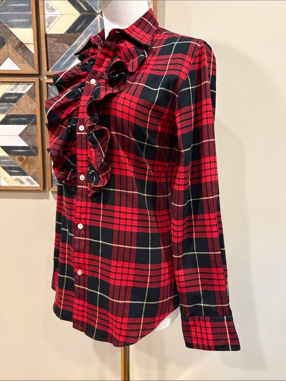 Vintage Ralph Lauren Red and Black Plaid Flannel Cotton Button-Up Ruffle Top 6 - Picture 3 of 11